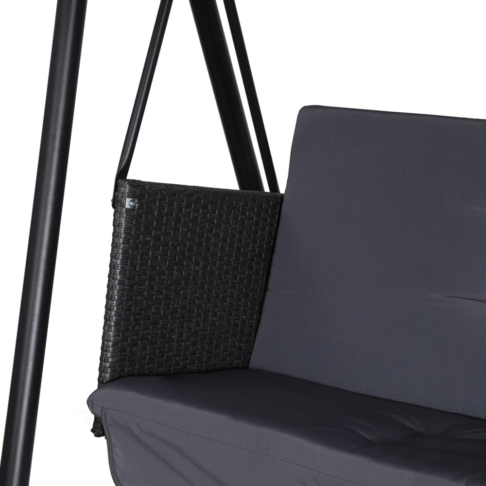 Rattan Swing Chair 3 Seat Garden Bench Lounger with Canopy - Black/Grey - Homecoze