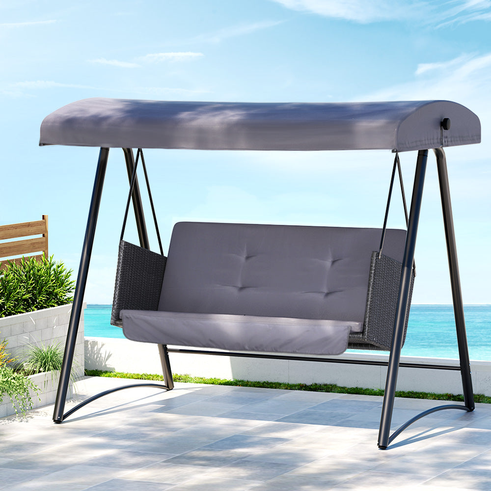 Rattan Swing Chair 3 Seat Garden Bench Lounger with Canopy - Black/Grey - Homecoze