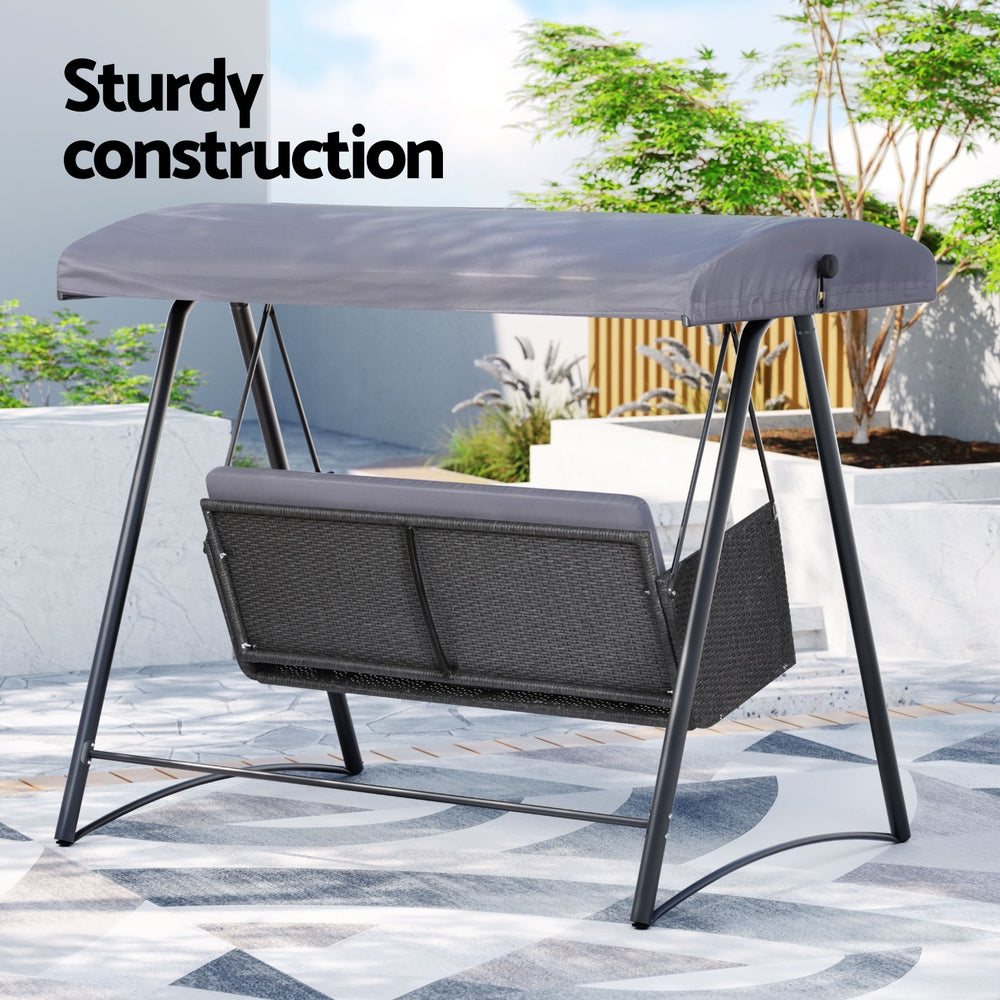 Rattan Swing Chair 3 Seat Garden Bench Lounger with Canopy - Black/Grey - Homecoze