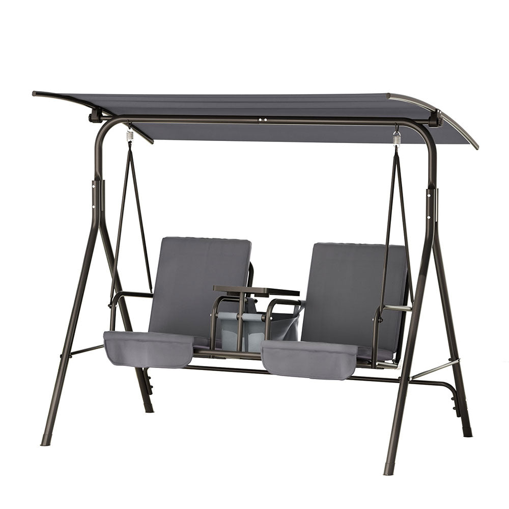 Outdoor Patio Swing Chair 2 Seater Canopy with Table Top Cup Holder - Black