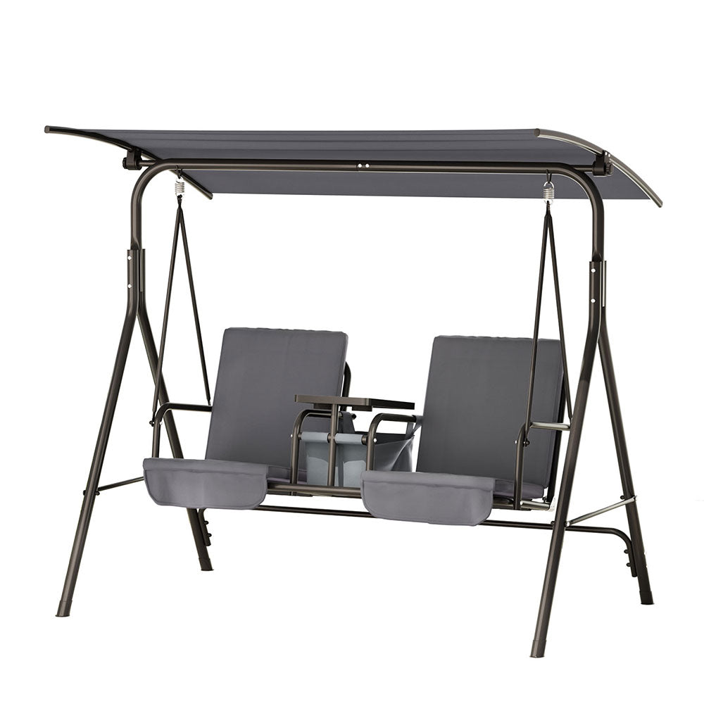 Outdoor Patio Swing Chair 2 Seater Canopy with Table Top Cup Holder - Black - Homecoze