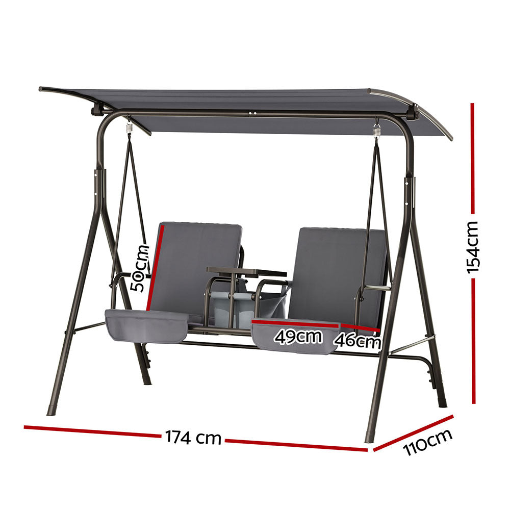 Outdoor Patio Swing Chair 2 Seater Canopy with Table Top Cup Holder - Black - Homecoze