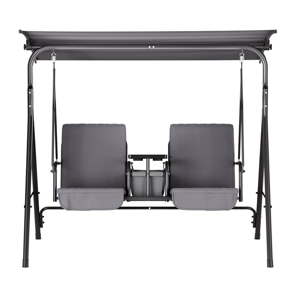 Outdoor Patio Swing Chair 2 Seater Canopy with Table Top Cup Holder - Black - Homecoze