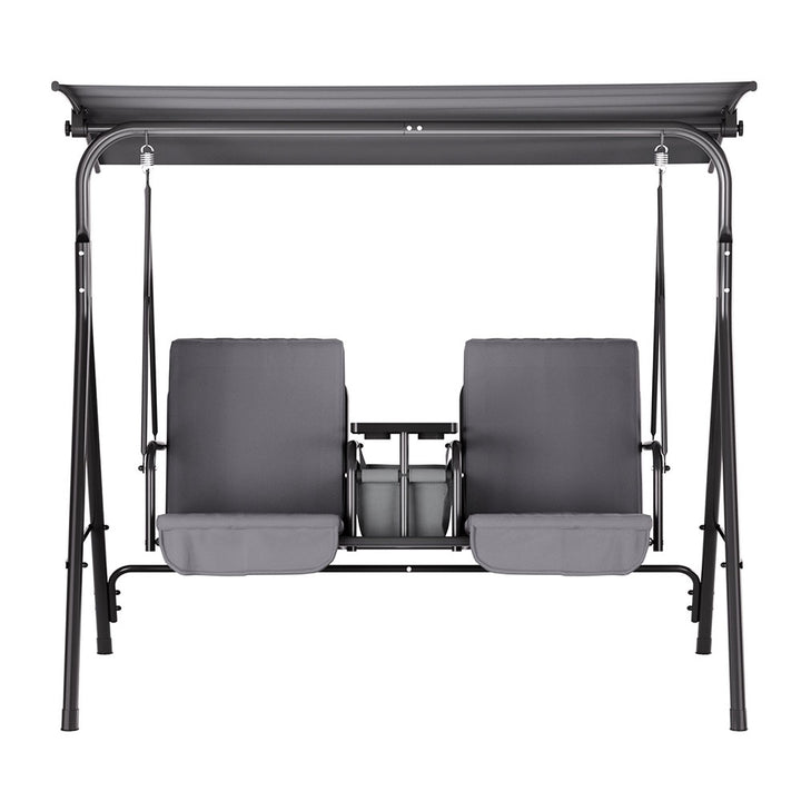 Outdoor Patio Swing Chair 2 Seater Canopy with Table Top Cup Holder - Black