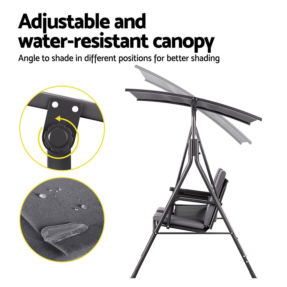 Outdoor Patio Swing Chair 2 Seater Canopy with Table Top Cup Holder - Black - Homecoze
