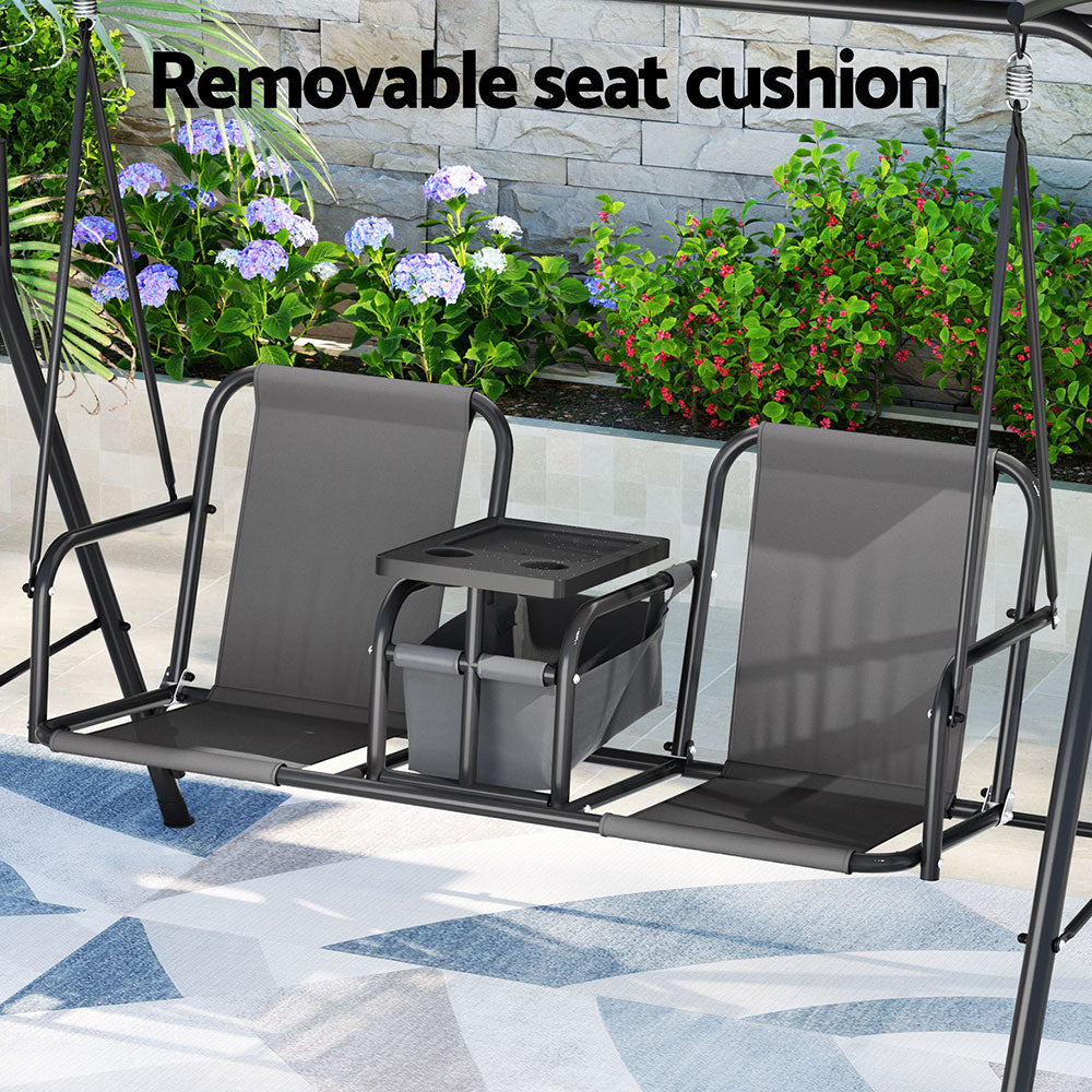 Outdoor Patio Swing Chair 2 Seater Canopy with Table Top Cup Holder - Black - Homecoze