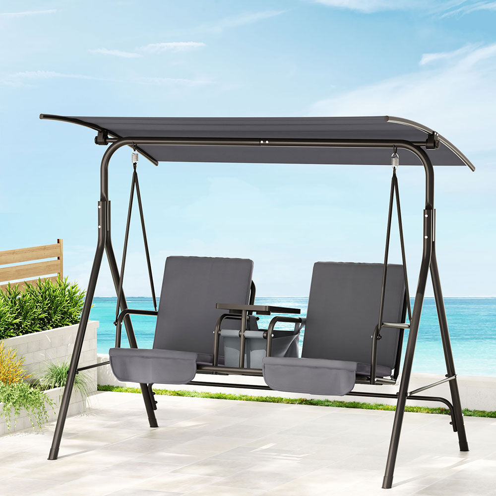 Outdoor Patio Swing Chair 2 Seater Canopy with Table Top Cup Holder - Black - Homecoze