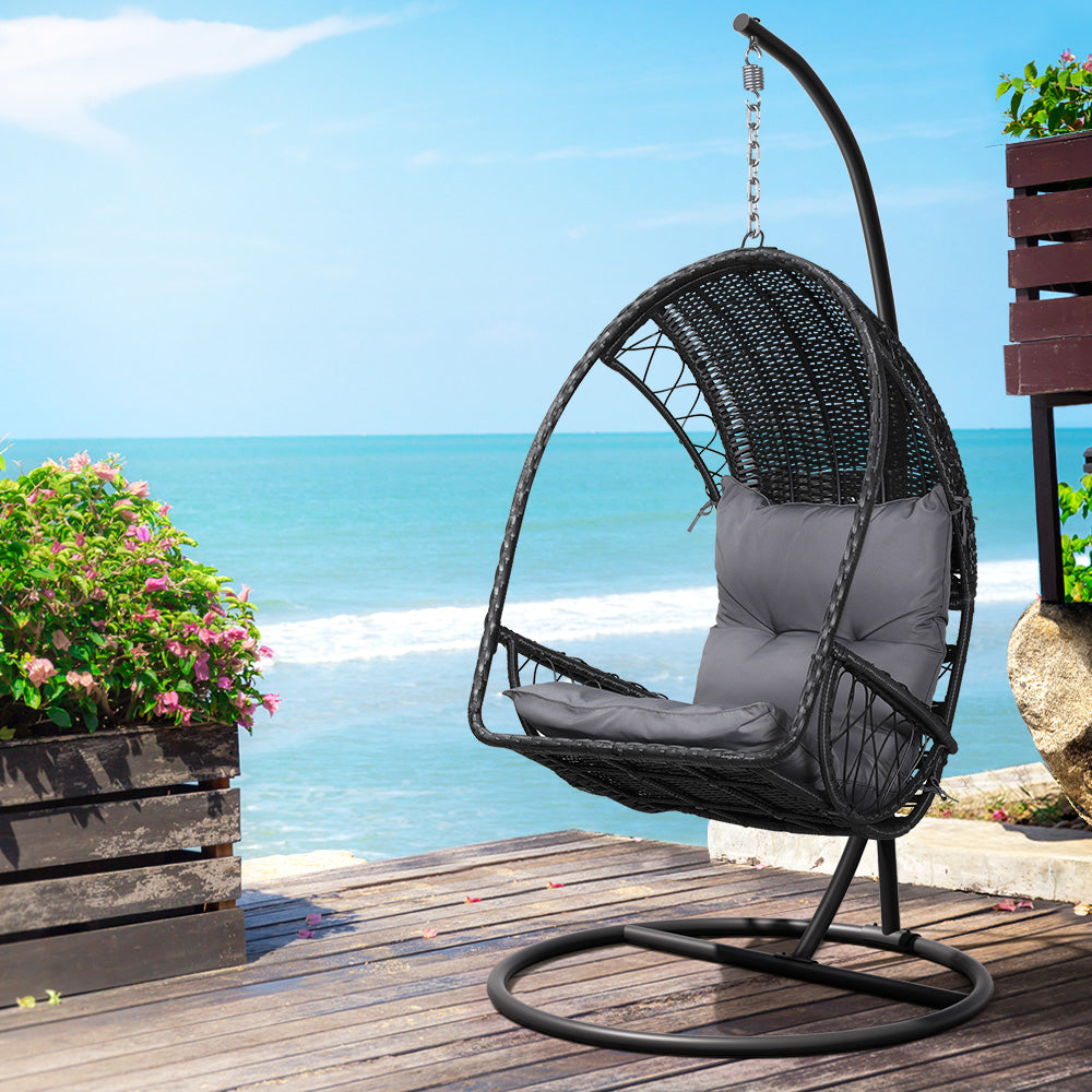 Hanging Wicker Egg Chair with Stand - Black - Homecoze