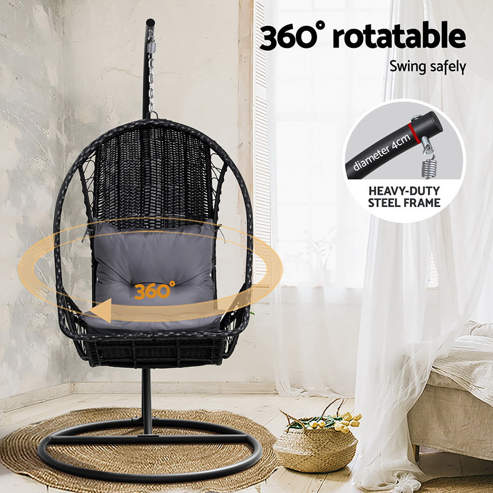 Hanging Wicker Egg Chair with Stand - Black