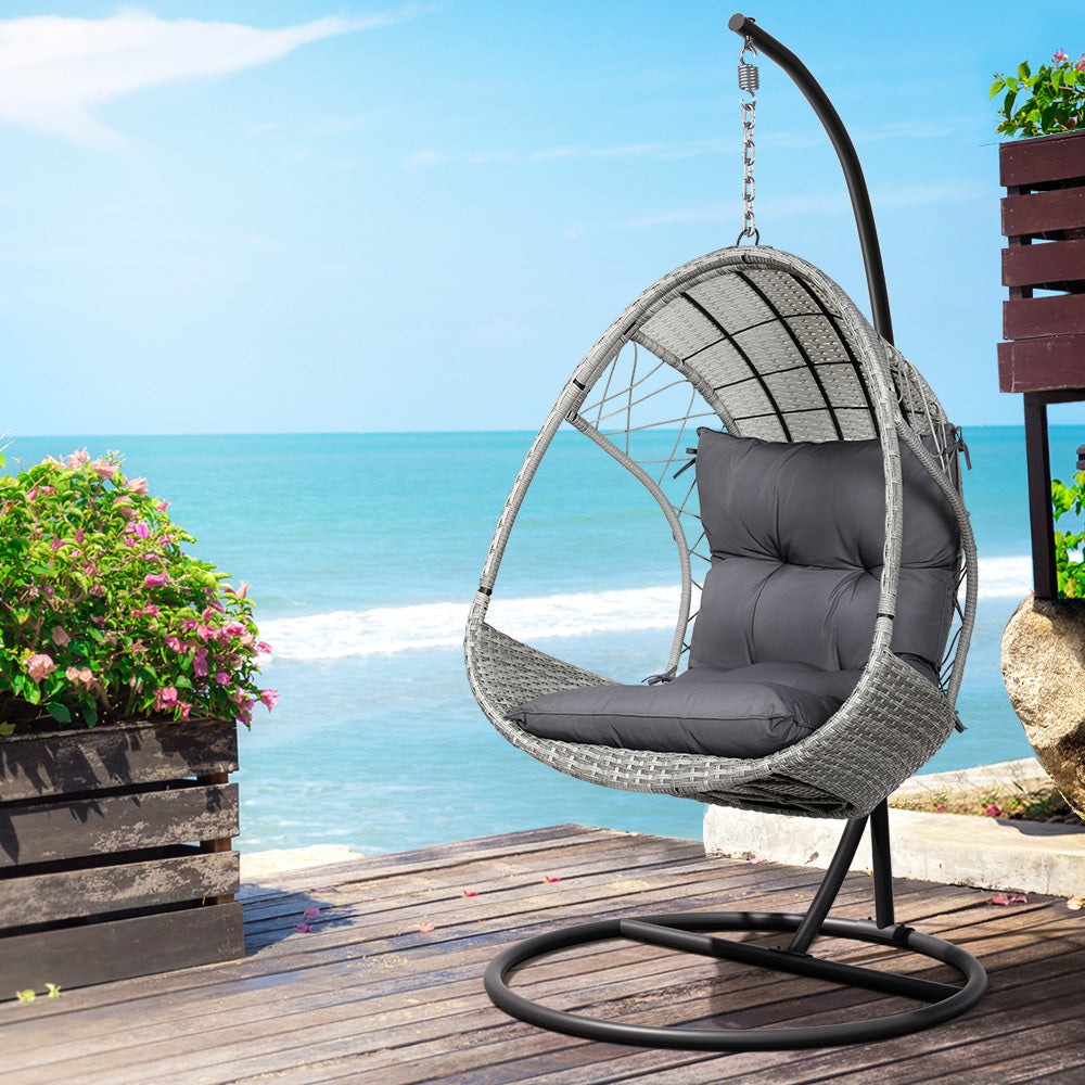 Hanging Wicker Egg Chair with Stand - Light Grey - Homecoze