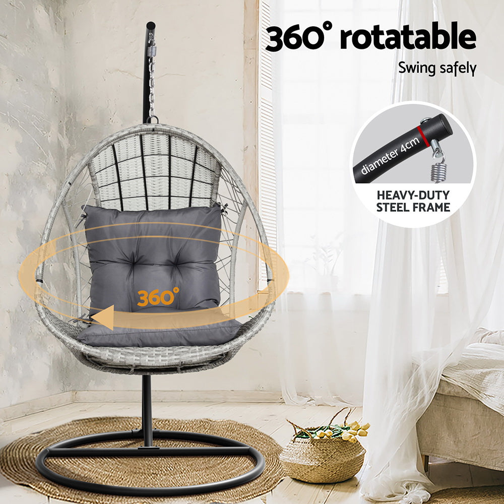 Hanging Wicker Egg Chair with Stand - Light Grey - Homecoze
