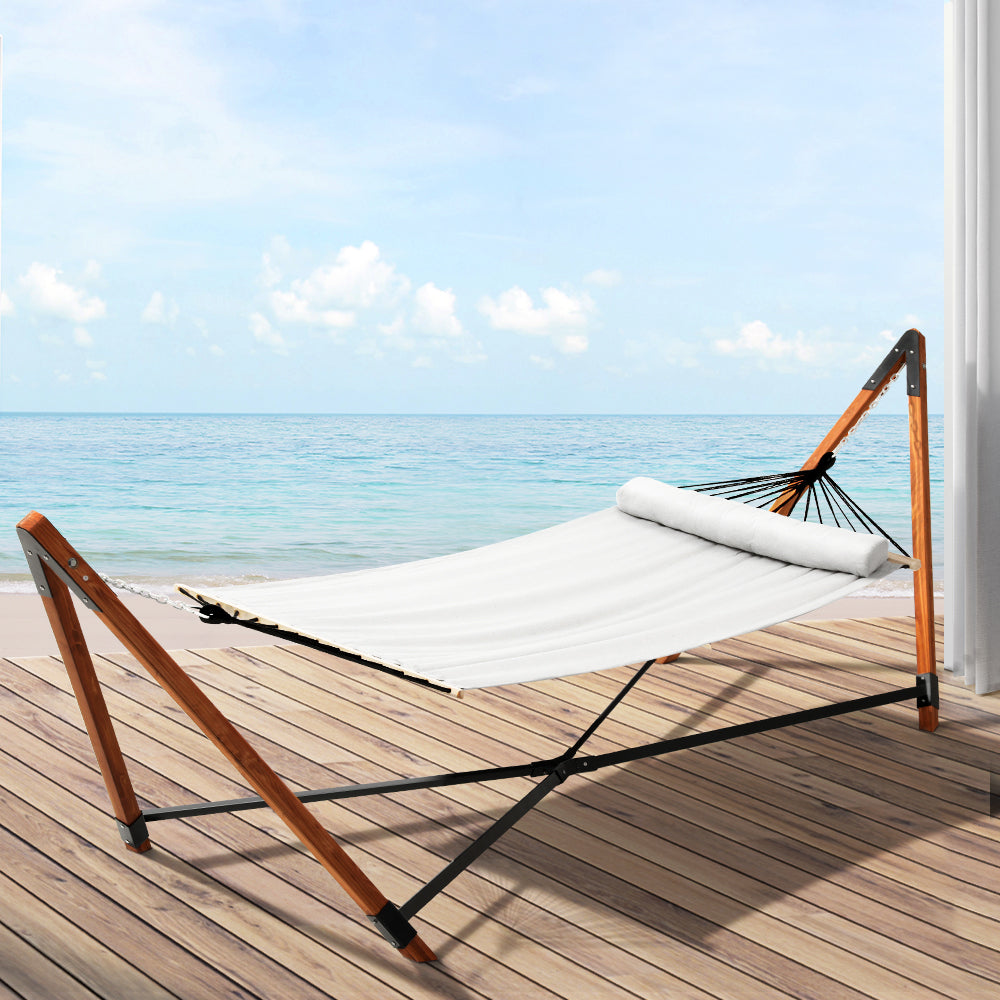 Deluxe Double 2-Person Hammock with Wooden Stand Indoor/Outdoor Use - Grey - Homecoze