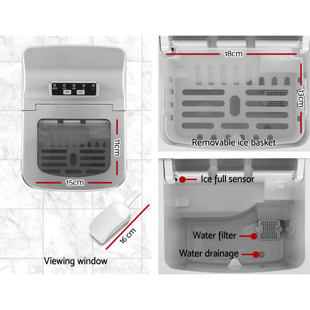 Portable Ice Cube Maker Machine 0.5kg/hr Small or Large Ice Home Bar Benchtop - Silver - Homecoze