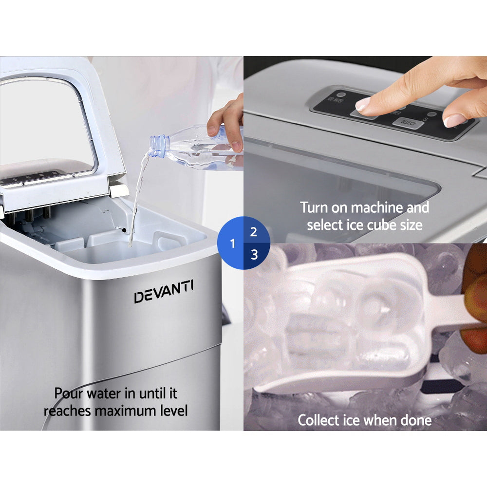 Portable Ice Cube Maker Machine 0.5kg/hr Small or Large Ice Home Bar Benchtop - Silver - Homecoze