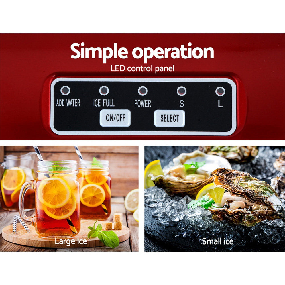 Portable Ice Cube Maker Machine 0.5kg/hr Small or Large Ice Home Bar Benchtop - Red - Homecoze