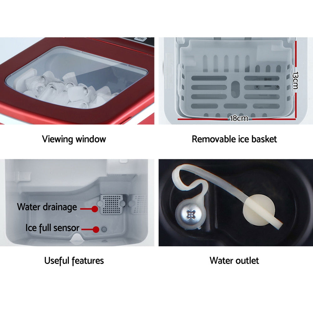Portable Ice Cube Maker Machine 0.5kg/hr Small or Large Ice Home Bar Benchtop - Red - Homecoze