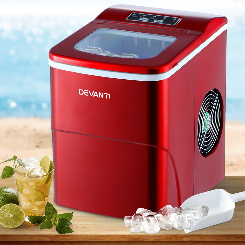 Portable Ice Cube Maker Machine 0.5kg/hr Small or Large Ice Home Bar Benchtop - Red - Homecoze