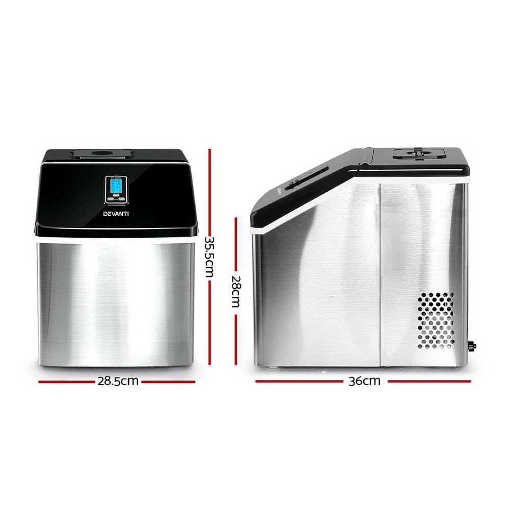 Portable Ice Cube Maker 0.75kg/hr Adjustable Ice Size Home Bar Benchtop - Stainless Steel - Homecoze