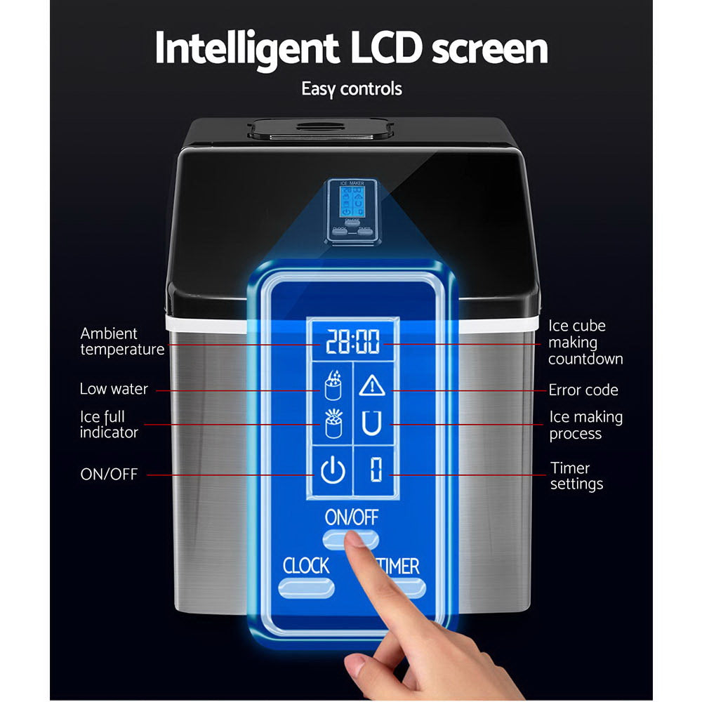 Portable Ice Cube Maker 0.75kg/hr Adjustable Ice Size Home Bar Benchtop - Stainless Steel - Homecoze