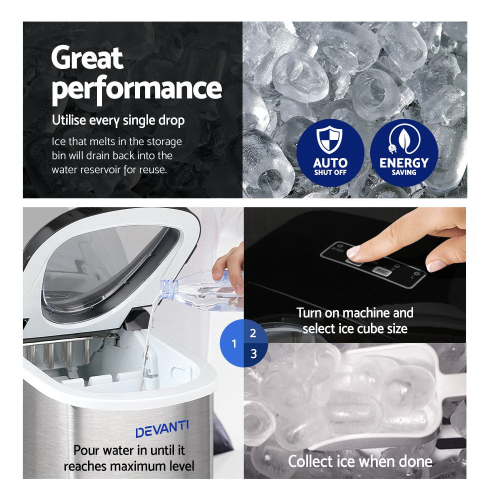 Portable Ice Cube Maker 0.5kg/hr Small or Large Home Ice Machine Stainless Steel - Homecoze