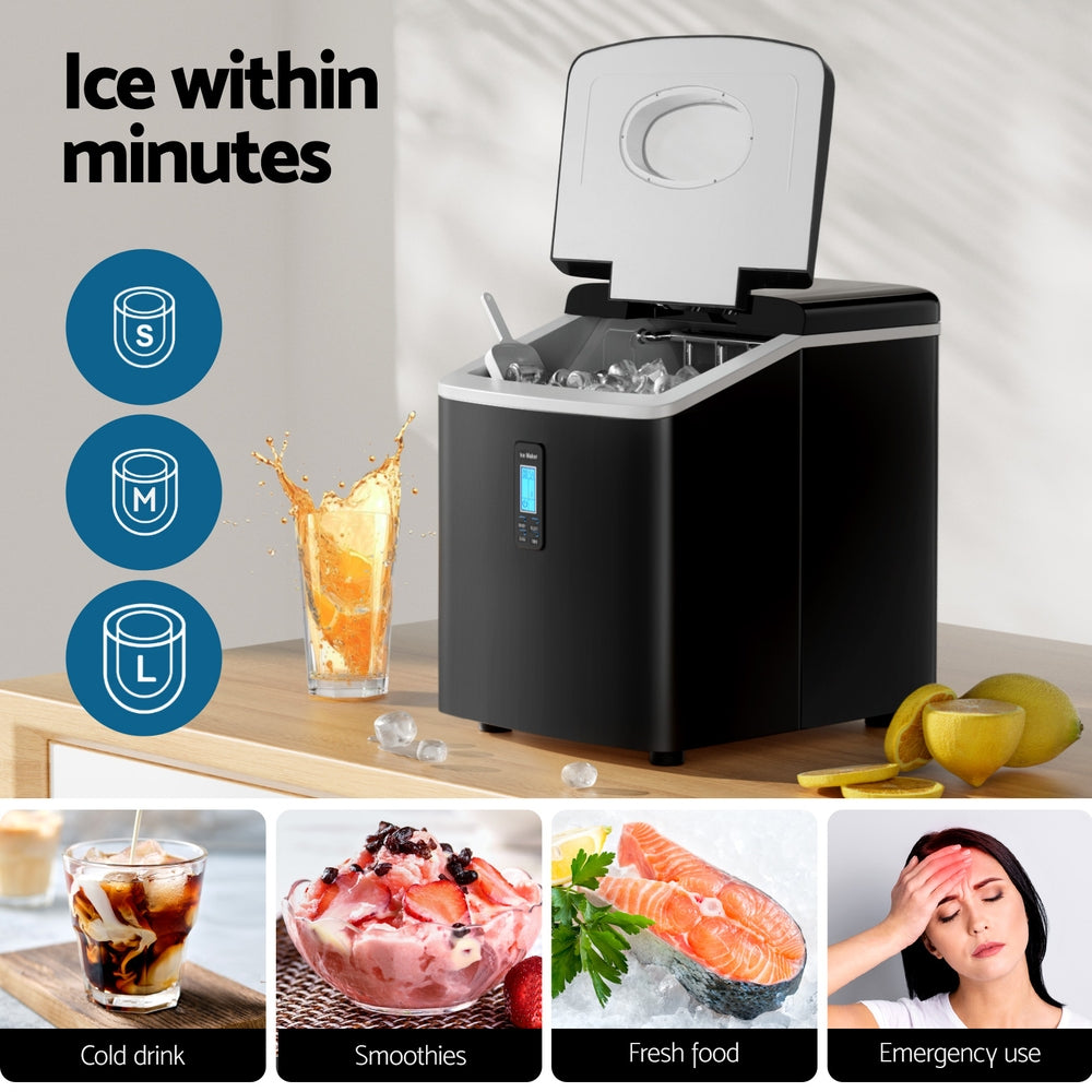 Portable Ice Cube Maker 0.6kg/hr Adjustable S/M/L Bullet Ice Home Bar Benchtop - Black - Homecoze