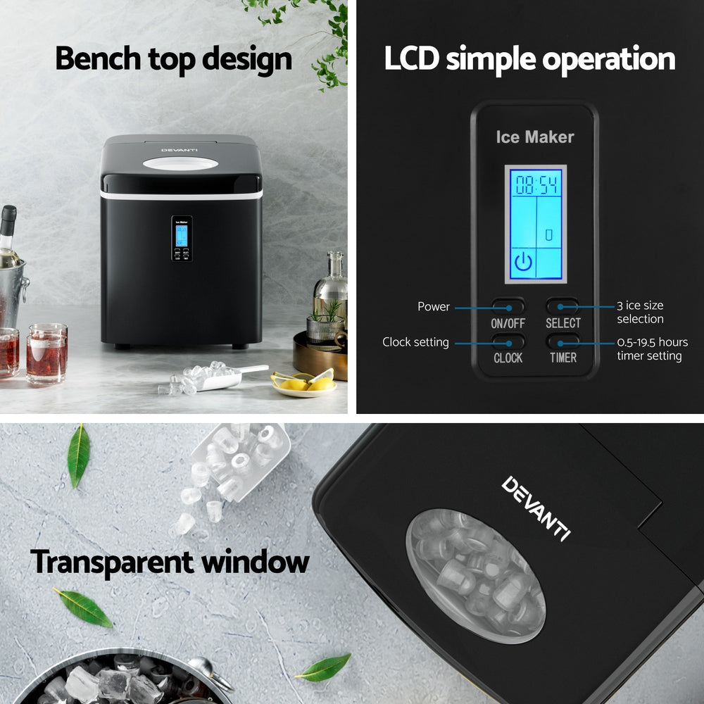 Portable Ice Cube Maker 0.6kg/hr Adjustable S/M/L Bullet Ice Home Bar Benchtop - Black - Homecoze
