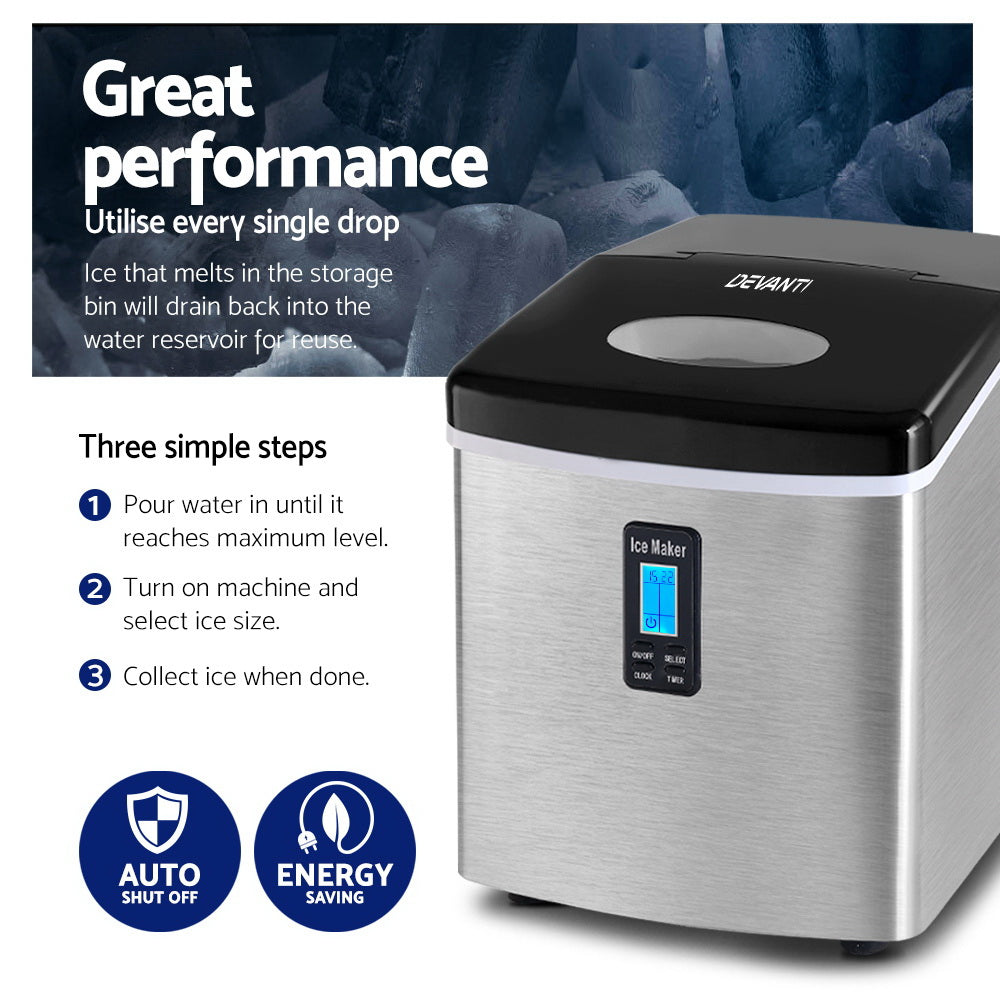 Portable Ice Cube Maker 0.6kg/hr Benchtop Ice Machine - Stainless Steel - Homecoze