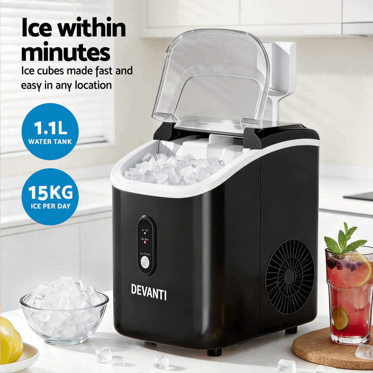 Portable Ice Cube Maker 0.6kg/hr Benchtop Nugget Ice Machine - Black