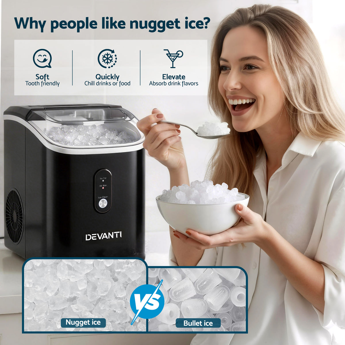 Portable Ice Cube Maker 0.6kg/hr Benchtop Nugget Ice Machine - Black