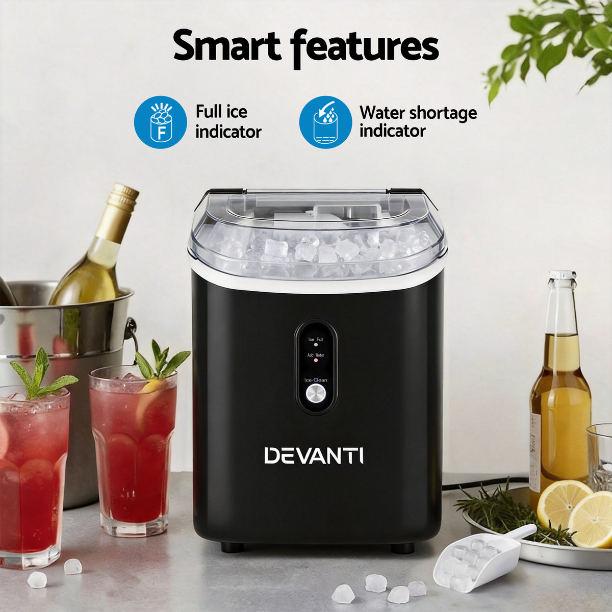 Portable Ice Cube Maker 0.6kg/hr Benchtop Nugget Ice Machine - Black