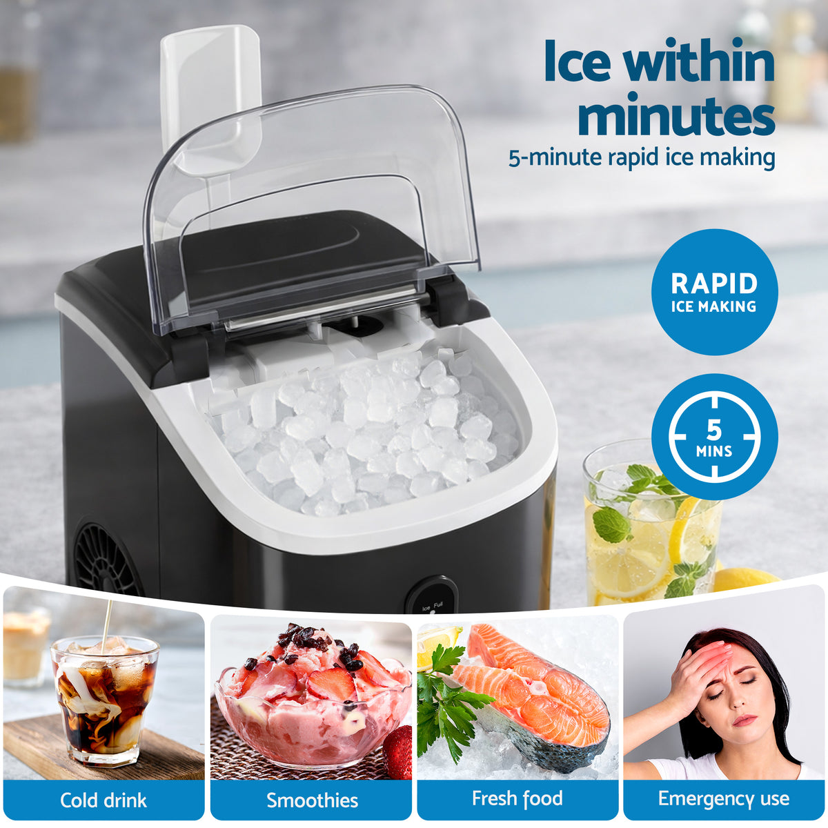 Portable Ice Cube Maker 0.6kg/hr Benchtop Nugget Ice Machine - Black