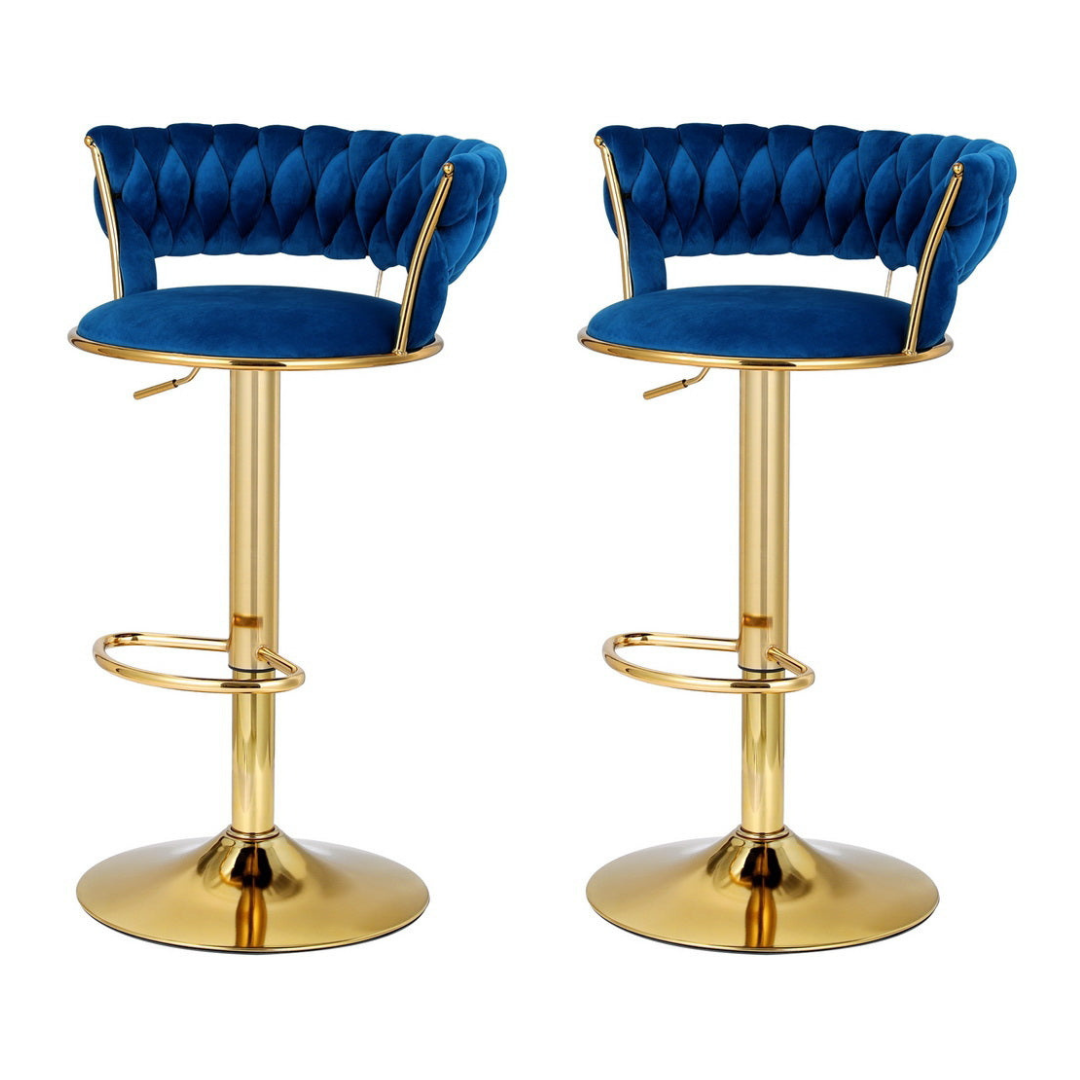 Elias (Set of 2) Woven Velvet Bar Stools - Blue - Homecoze