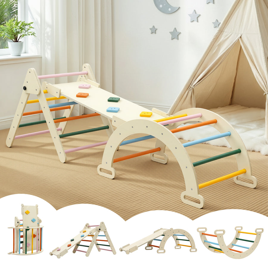 Keezi Kids Triangle Climbing Toys Set With Slide Indoor Outdoor Toddler Toys Pikler Climber With Arch - Homecoze