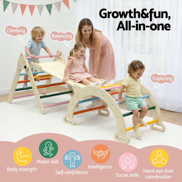 Keezi Kids Triangle Climbing Toys Set With Slide Indoor Outdoor Toddler Toys Pikler Climber With Arch - Homecoze