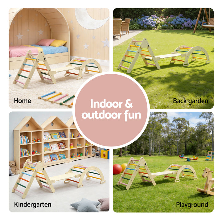 Keezi Kids Triangle Climbing Toys Set With Slide Indoor Outdoor Toddler Toys Pikler Climber With Arch - Homecoze
