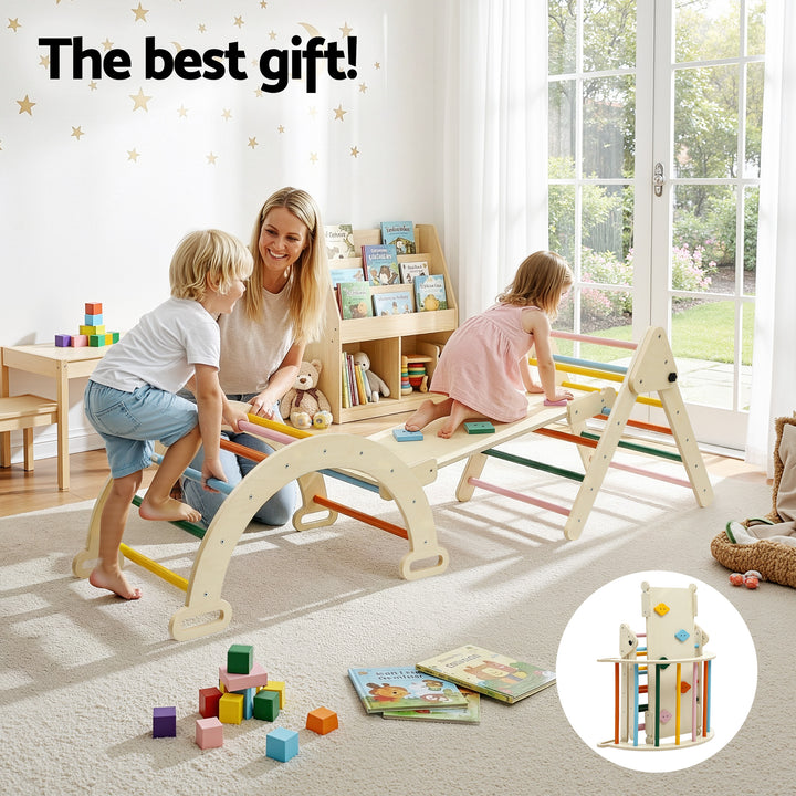 Keezi Kids Triangle Climbing Toys Set With Slide Indoor Outdoor Toddler Toys Pikler Climber With Arch - Homecoze