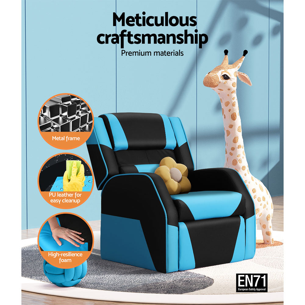 Kids Recliner Movie Chair PU Leather Gaming Sofa - Blue - Homecoze