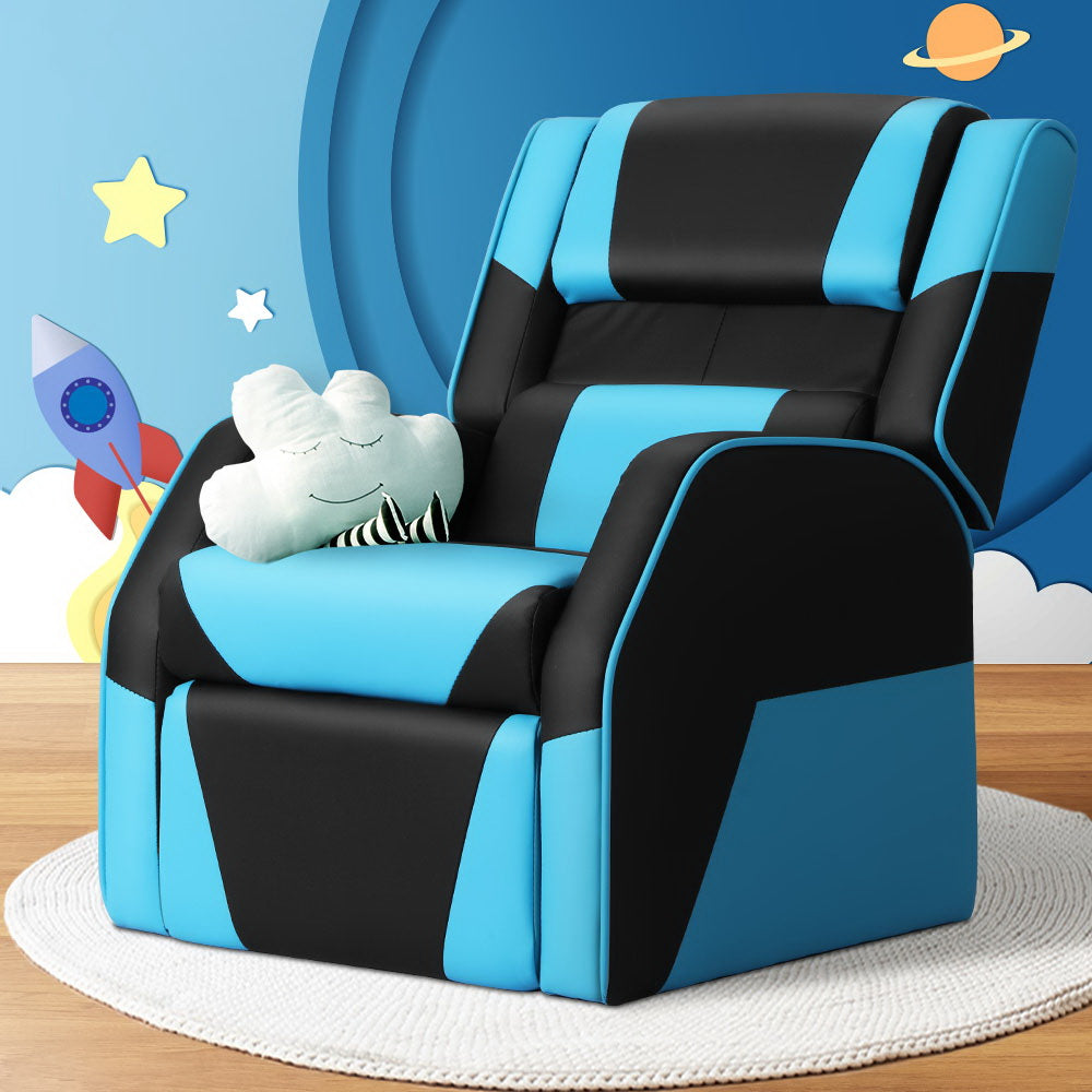 Kids Recliner Movie Chair PU Leather Gaming Sofa - Blue - Homecoze