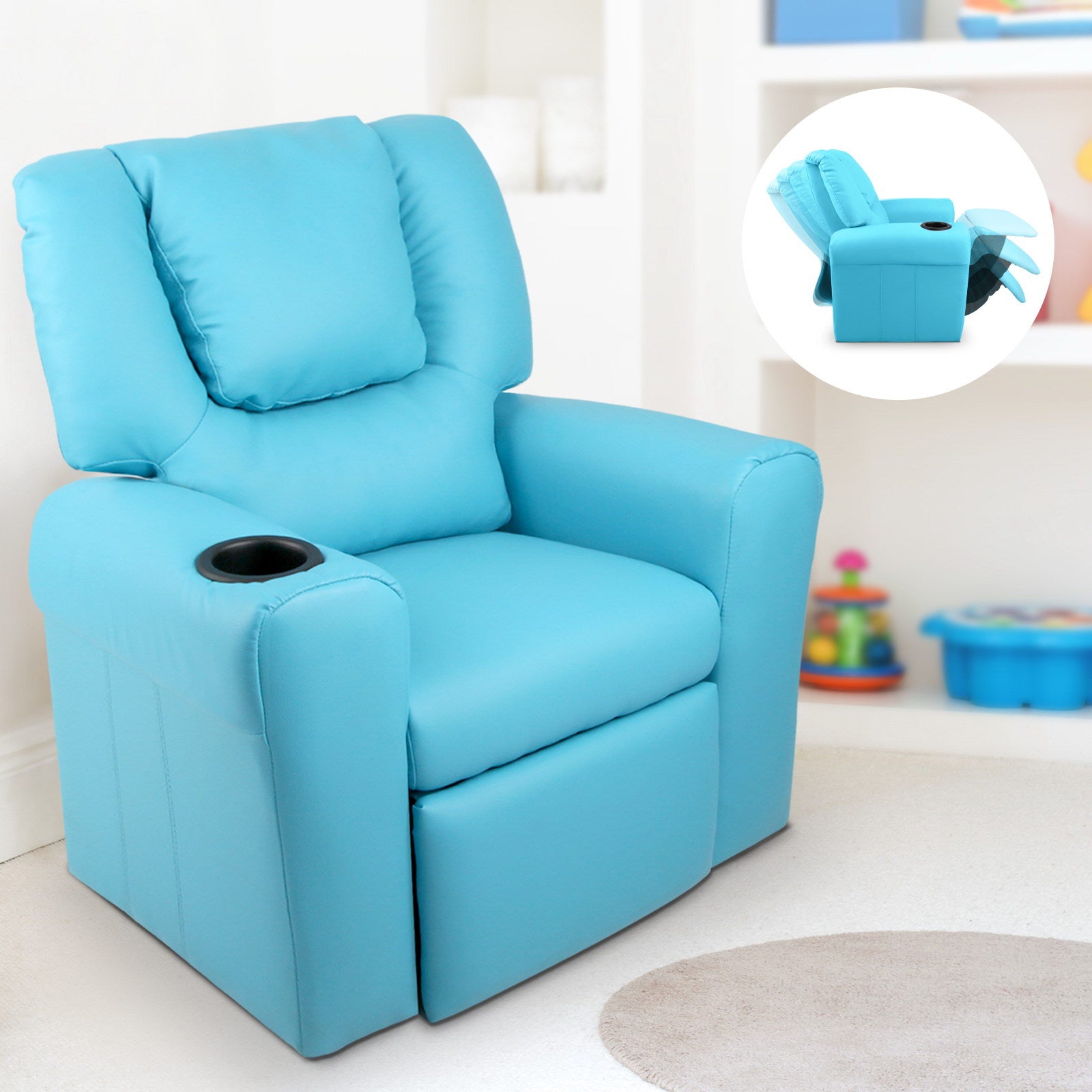 Kids Reclining Sofa Armchair - Blue PU Leather - Homecoze