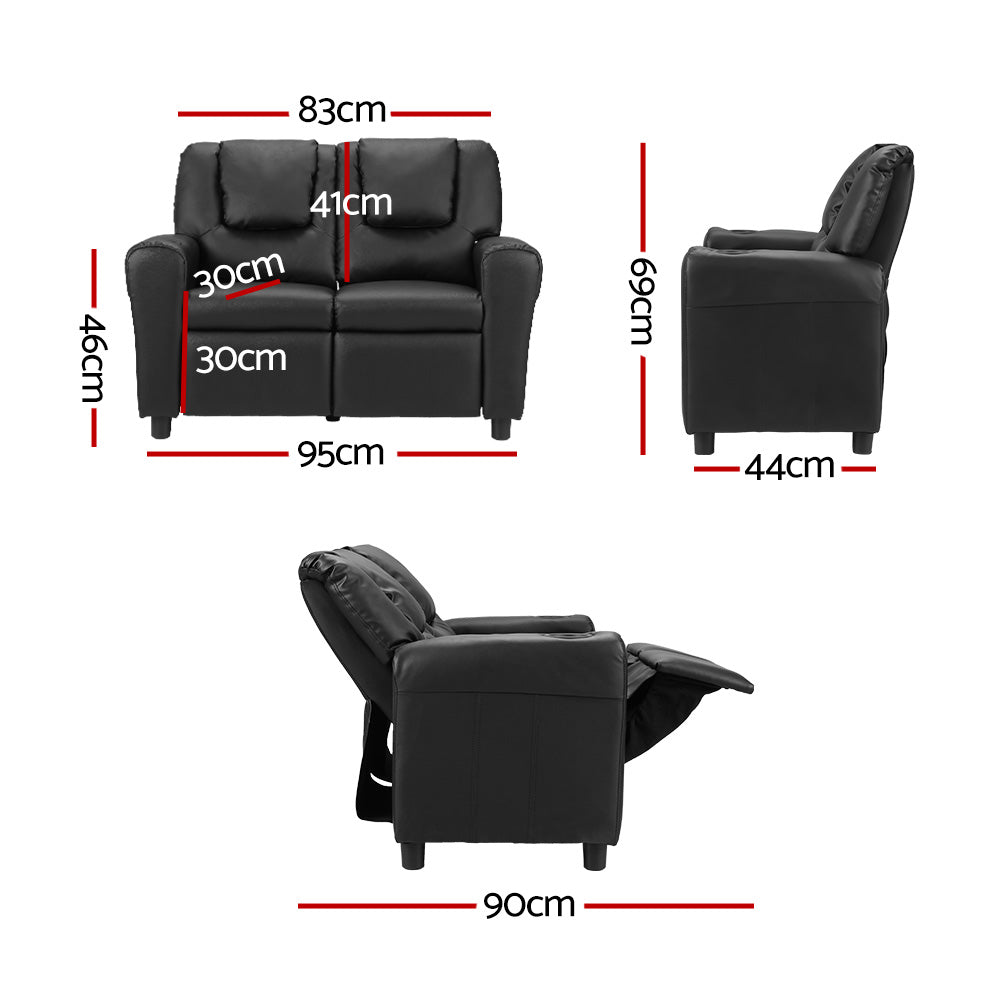 Kids Mini Double Sofa Chair Recliner - Black - Homecoze