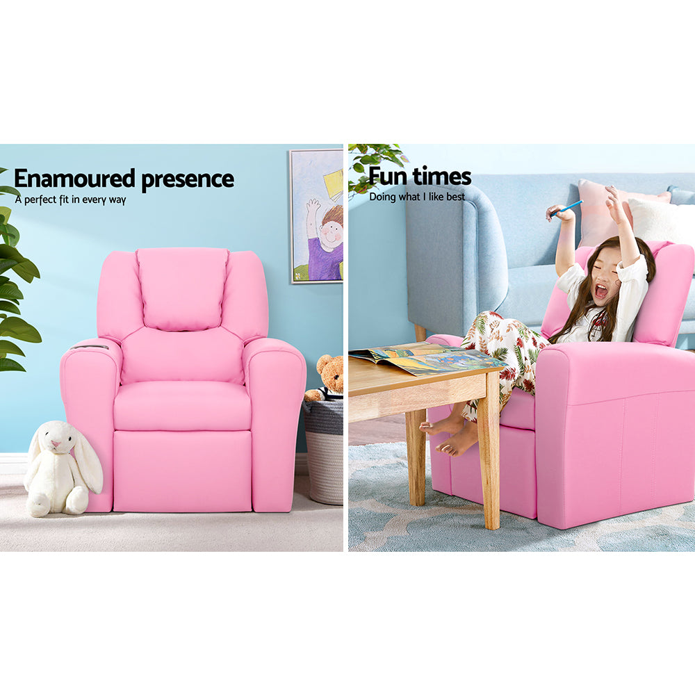 Kids Reclining Sofa Armchair - Pink PU Leather - Homecoze