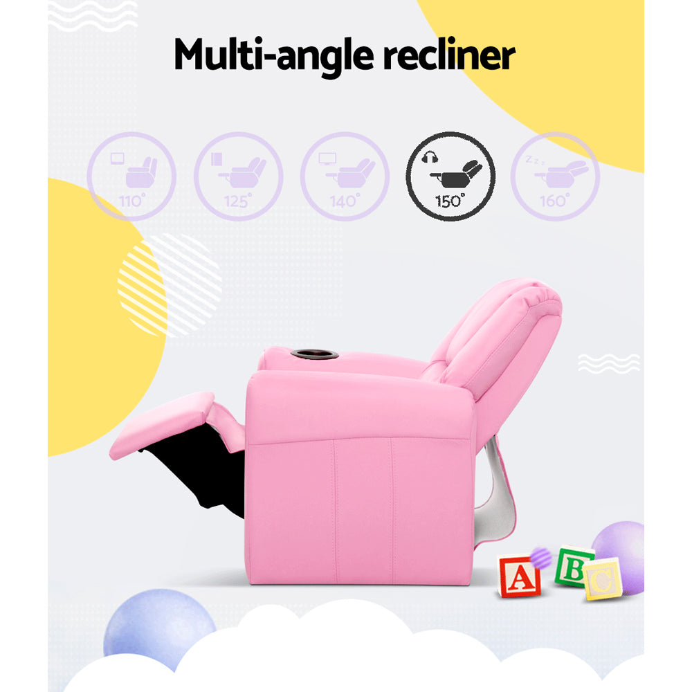 Kids Reclining Sofa Armchair - Pink PU Leather - Homecoze