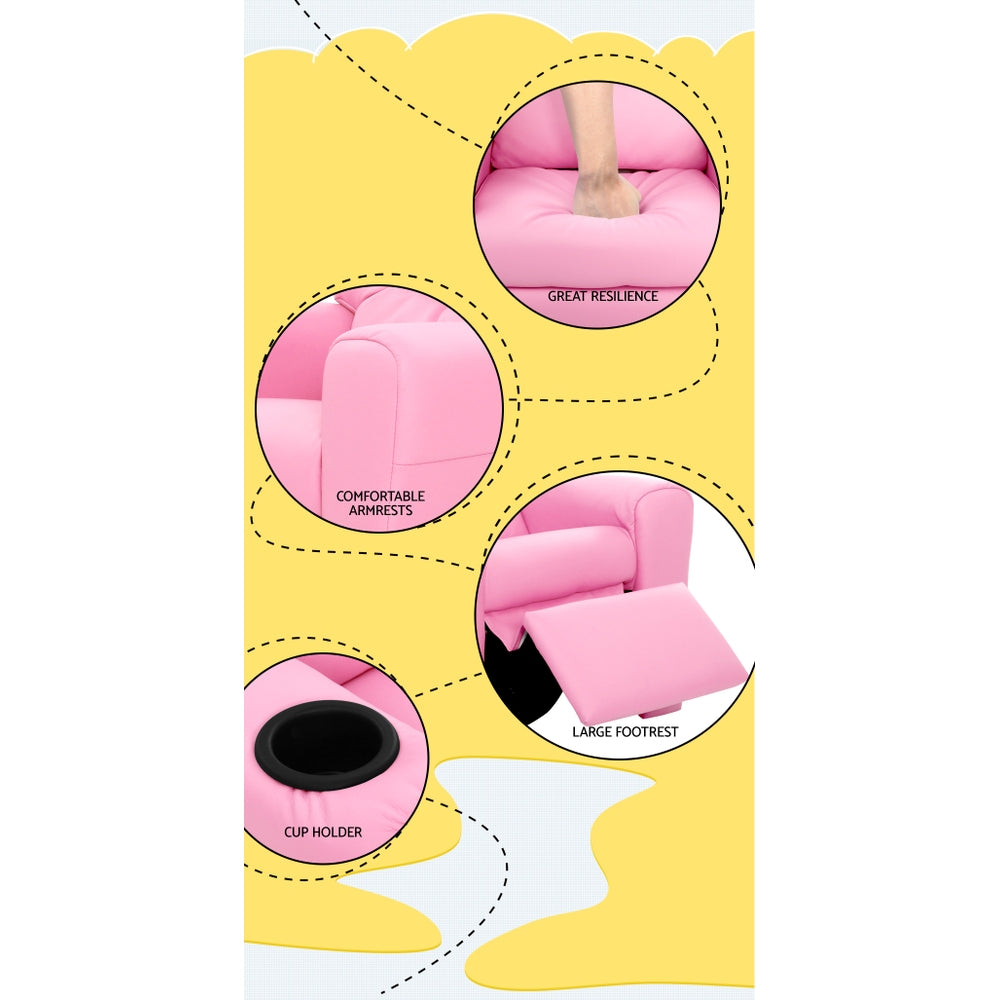 Kids Reclining Sofa Armchair - Pink PU Leather - Homecoze