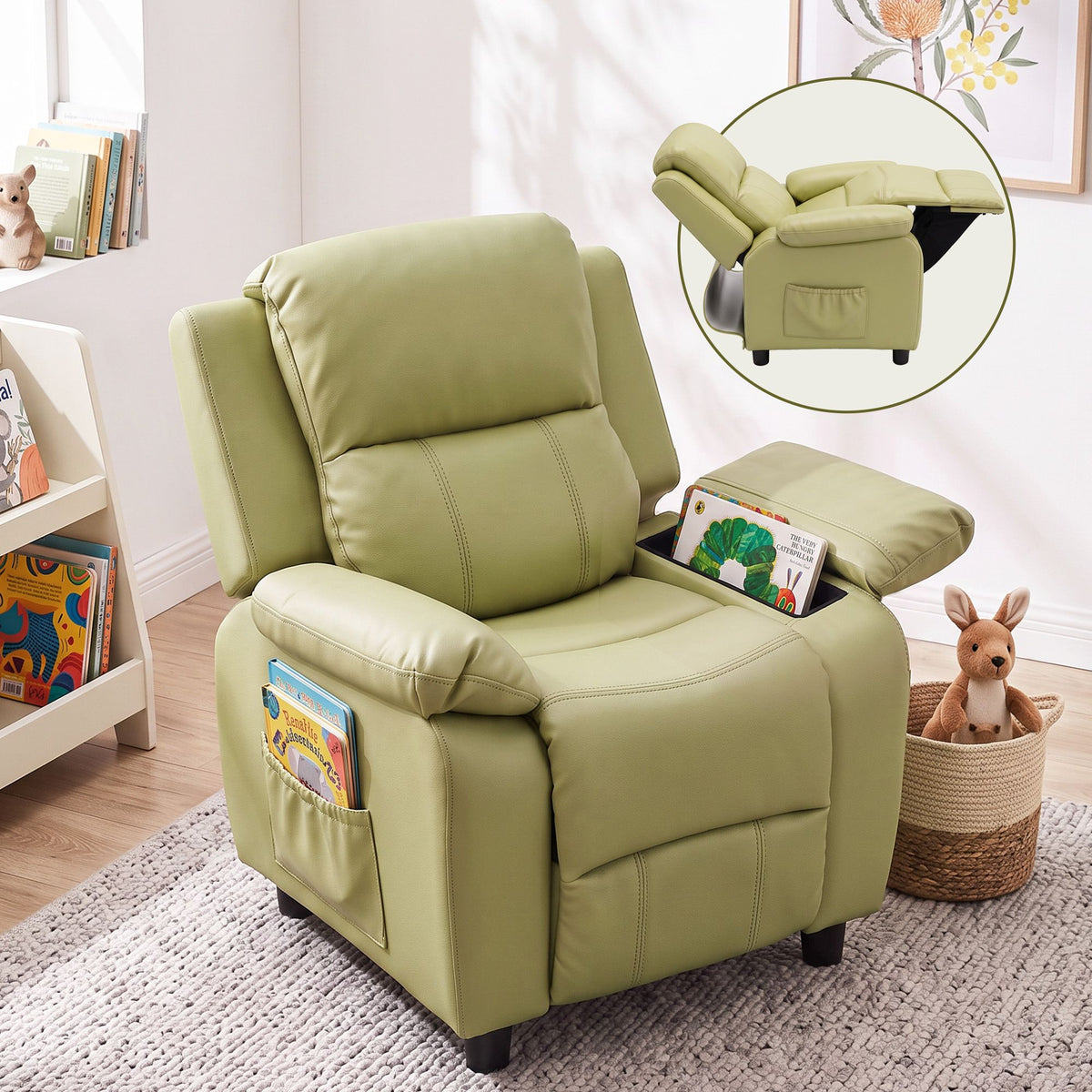 Kids PU Leather Recliner Chair with Storage – Green