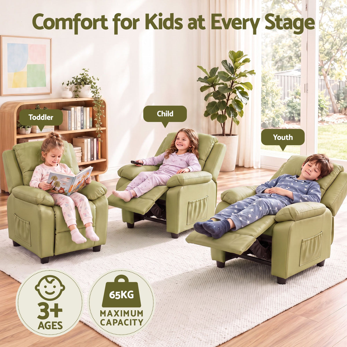 Kids PU Leather Recliner Chair with Storage – Green