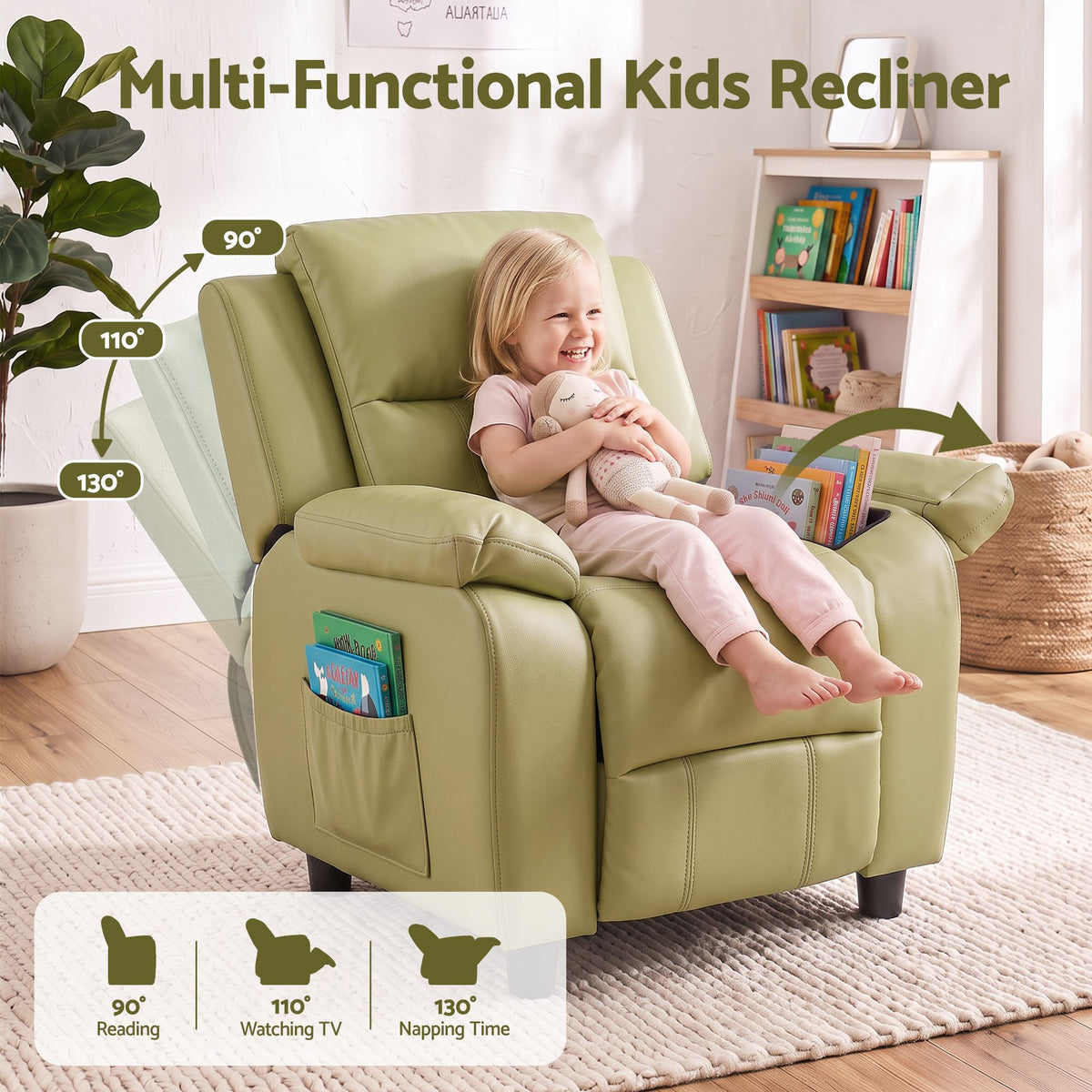 Kids PU Leather Recliner Chair with Storage – Green