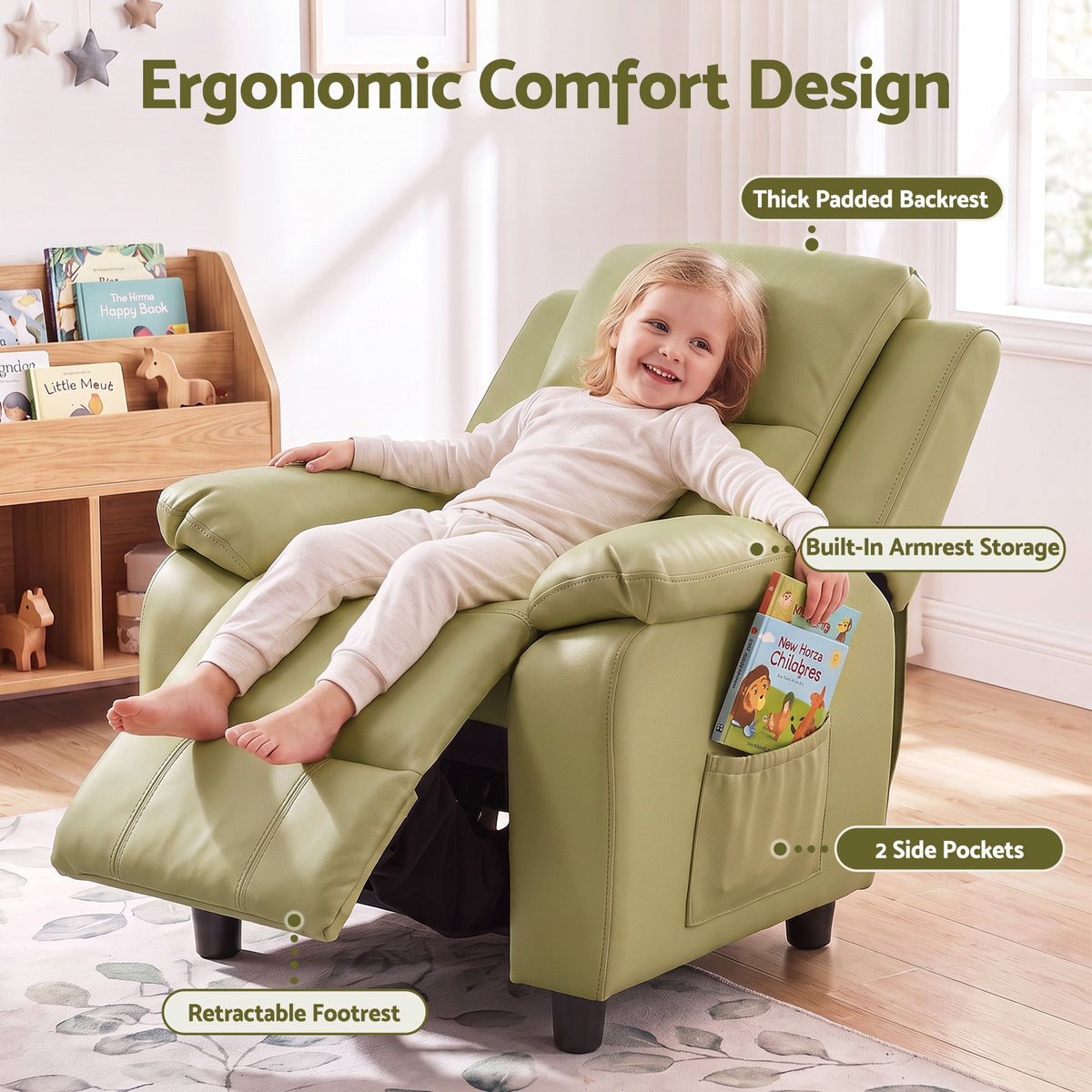 Kids PU Leather Recliner Chair with Storage – Green