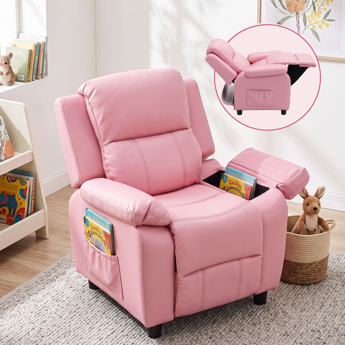 Kids PU Leather Recliner Chair with Storage – Pink