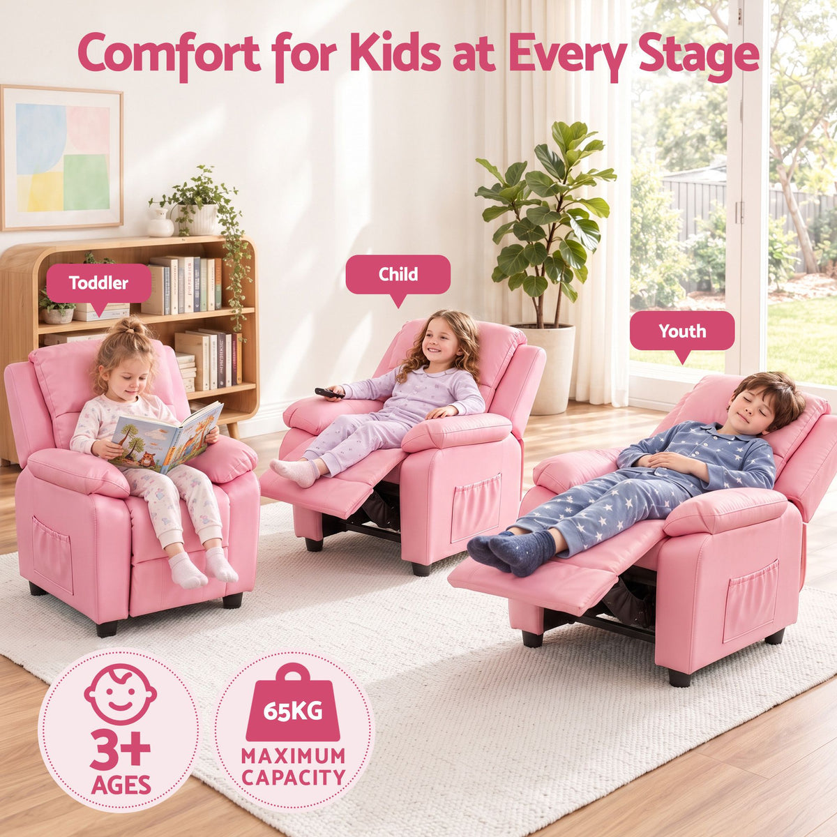 Kids PU Leather Recliner Chair with Storage – Pink