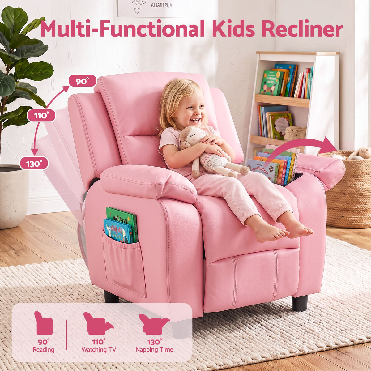 Kids PU Leather Recliner Chair with Storage – Pink